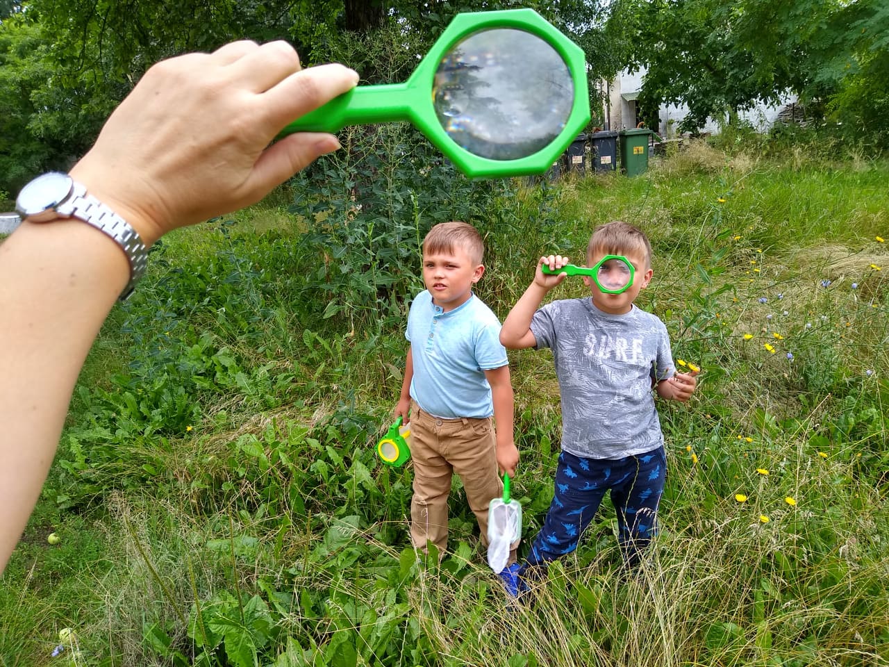 chłopcy na łące wyruszają na poszukiwanie motyli
