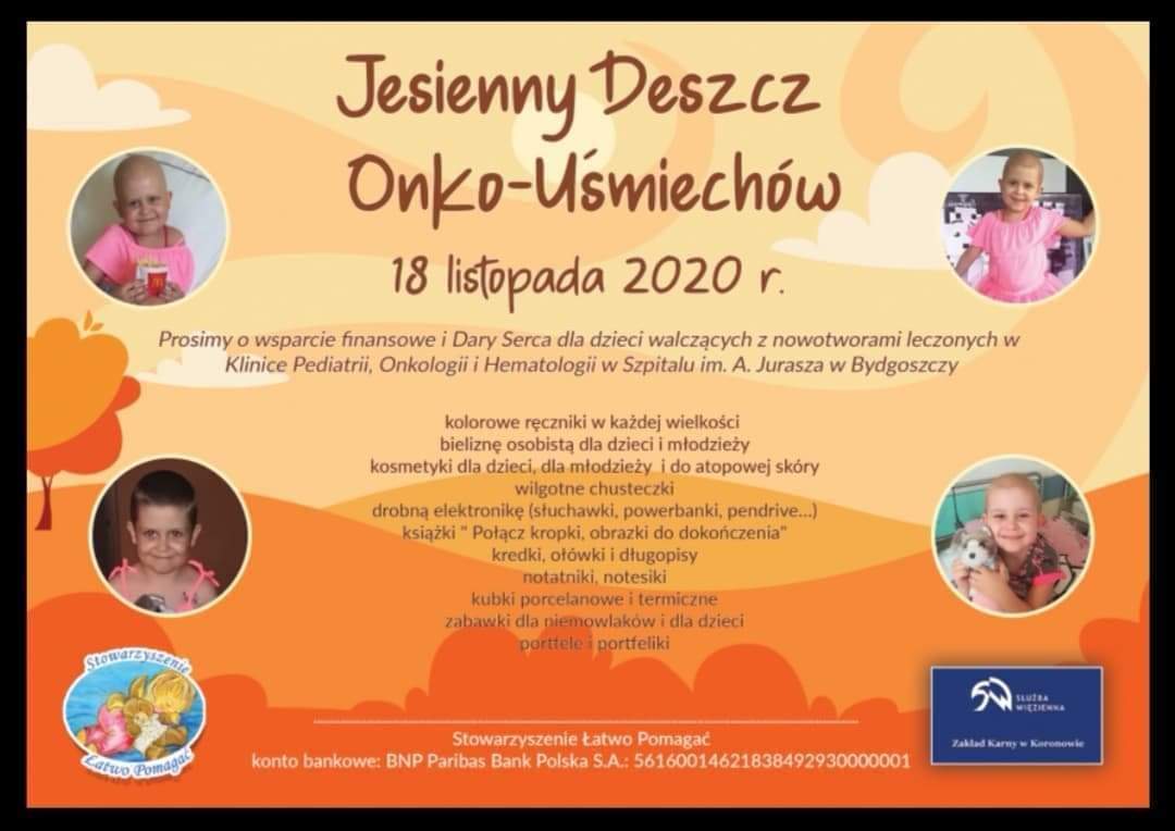 plakat stowarzyszenia łatwo pomagać zachęcający do udziału w akcji charytatywnej jesienny deszcz onko-uśmiechów
